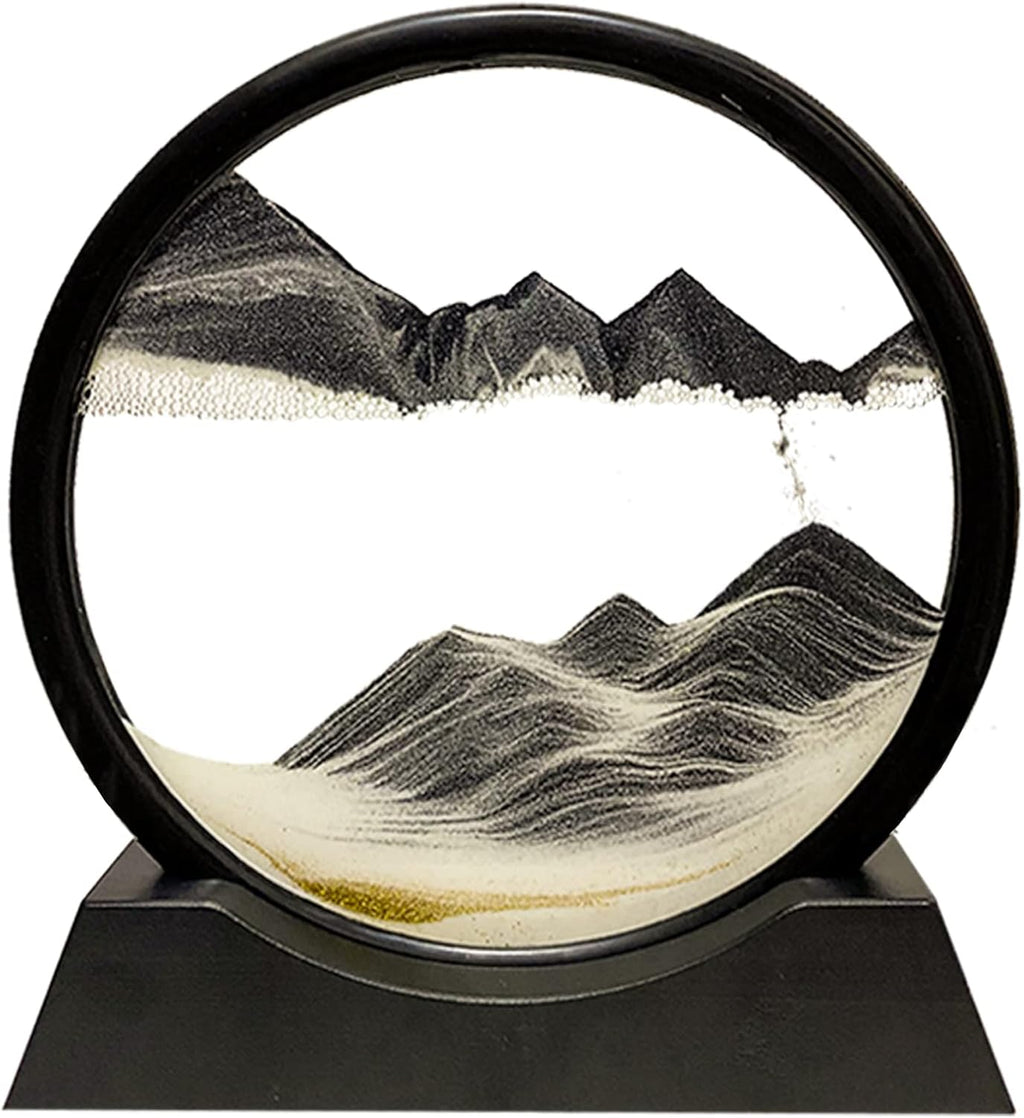 Moving Sand Art Picture Decor, 3D Deep Sea Sandscape Liquid Motion, Round Glass Frame Display Flowing Sand (Black, 7) Pack of 2 P27132