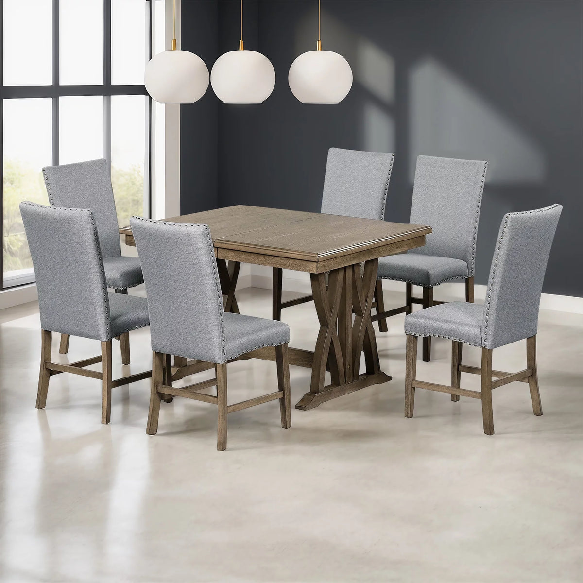 Solid Wood 7-Piece Extendable Dining Table Set with Upholstered Chairs E865408