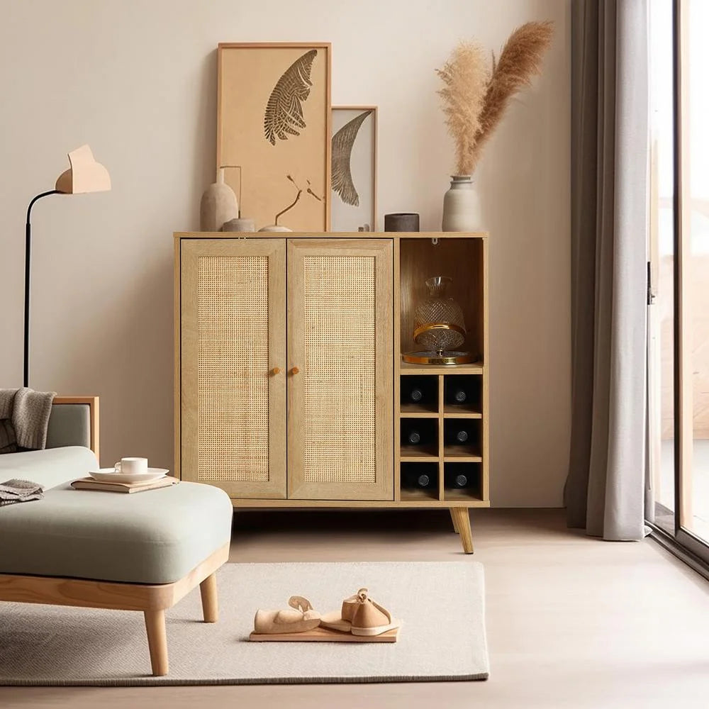 Light Oak Engineered Wood Rattan Wine and Storage Cabinet V83626