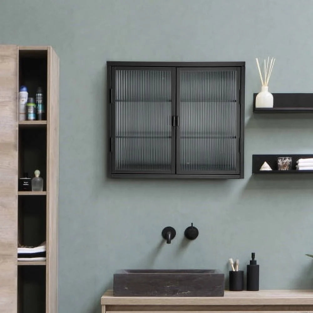 Double Glass Door Wall Cabinet with Detachable Shelves Black P839