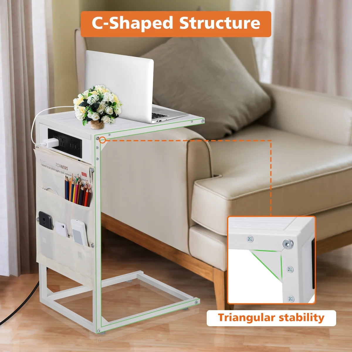White C Shaped Side Table with Charging Station Y604874