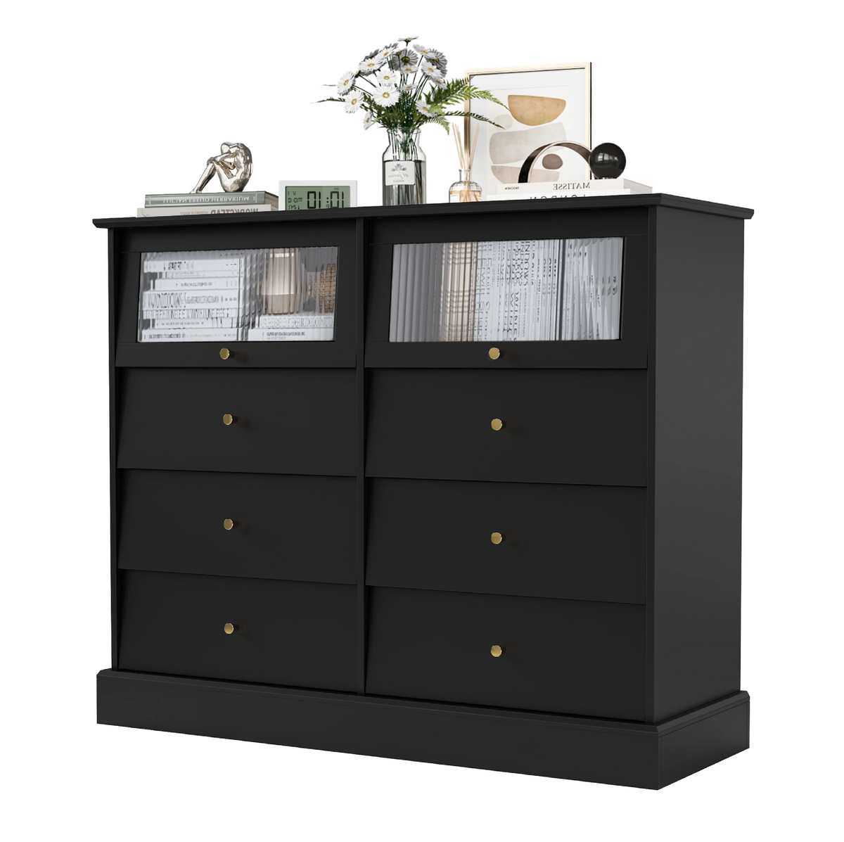 Black 8 Drawer Glass Door Wood Dresser U193929