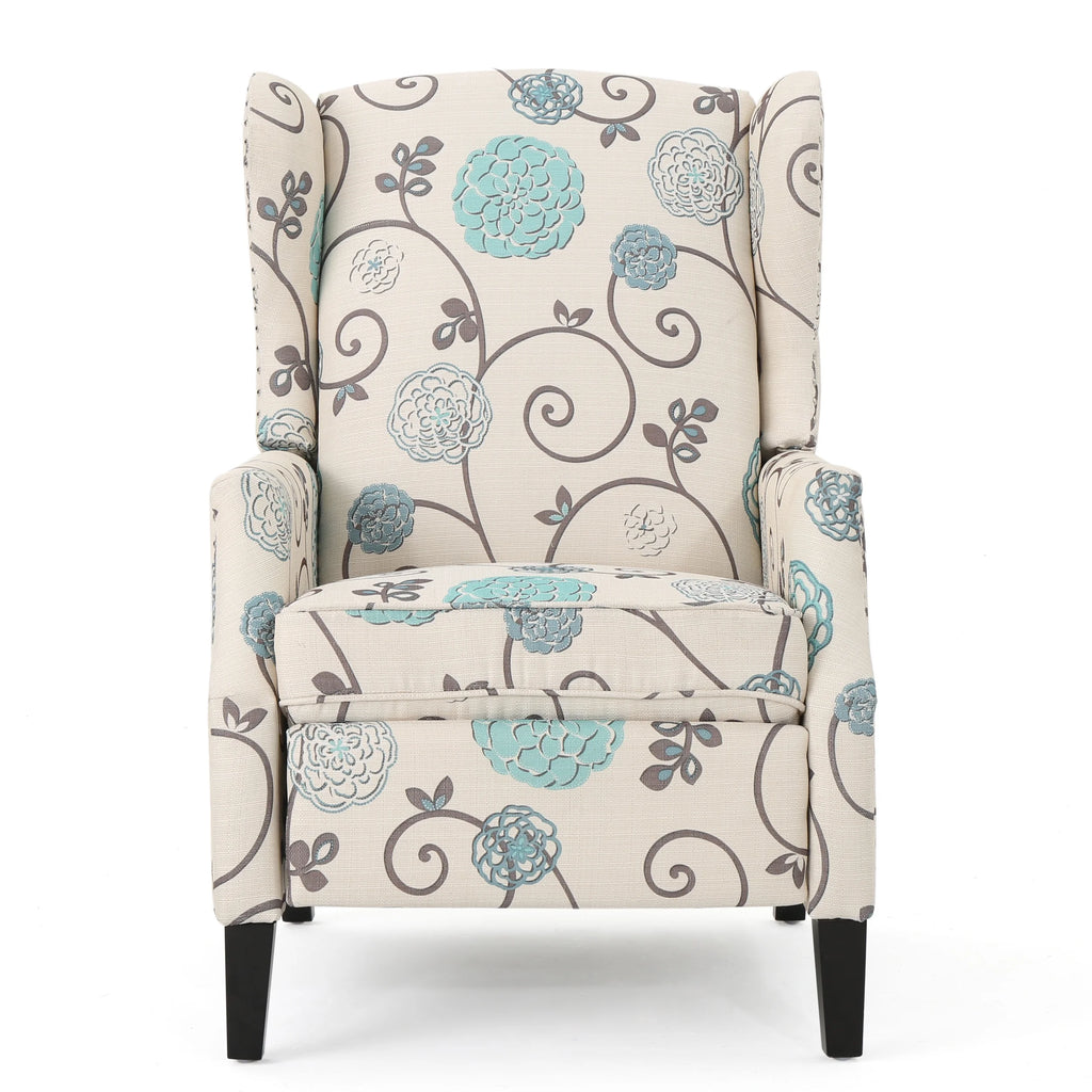 White and Blue Fabric Wing Back Recliner F37784