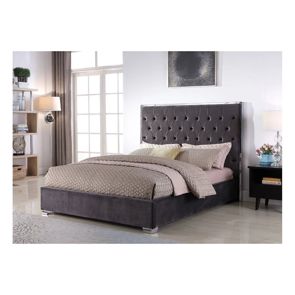 Dark Grey Velvet Eastern King Platform Bed X4450