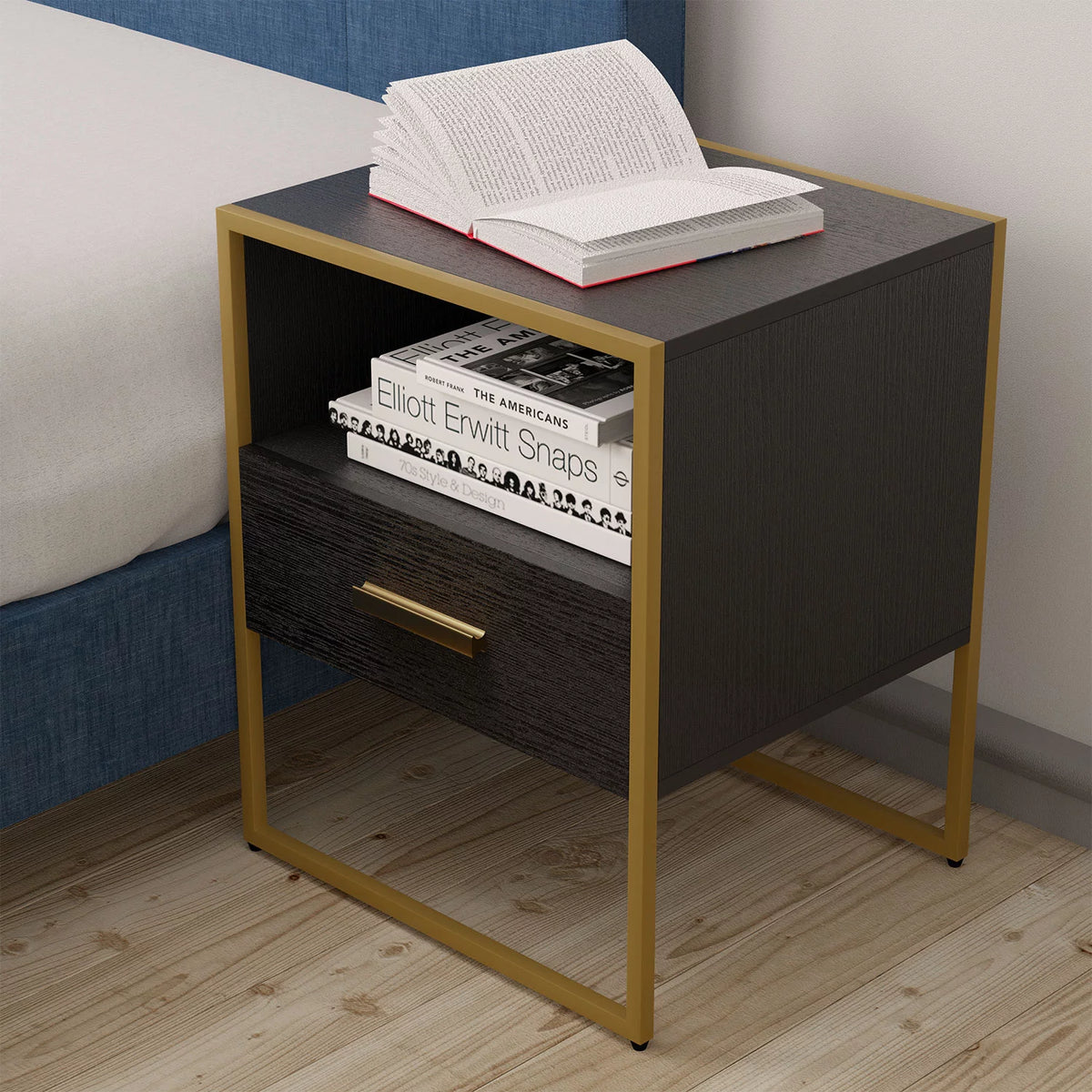 Black Nightstand Set of 2 with Drawer and Open Storage D254