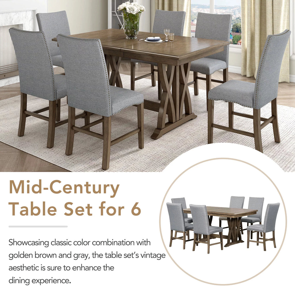 Solid Wood 7-Piece Extendable Dining Table Set with Upholstered Chairs E865408