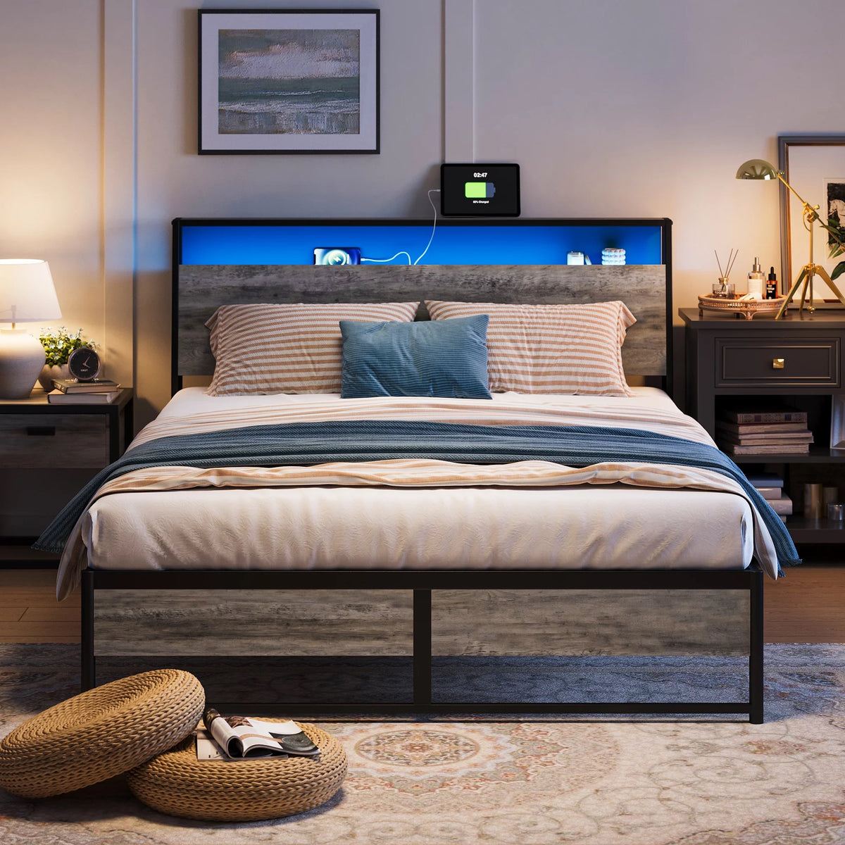 Full Size Platform Bed Frame with Headboard and Storage Shelves W473182