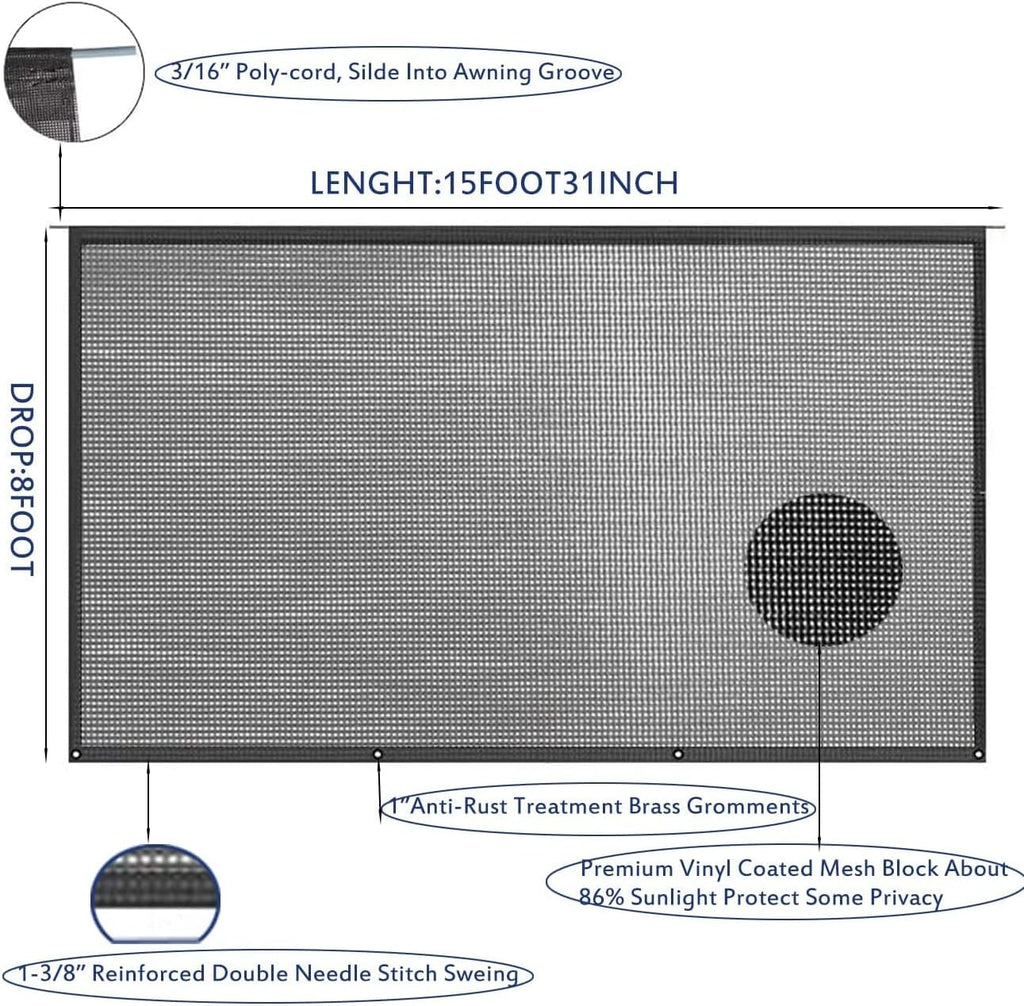 15'X8' Black Mesh RV Awning Shade Screen with Zipper C88484