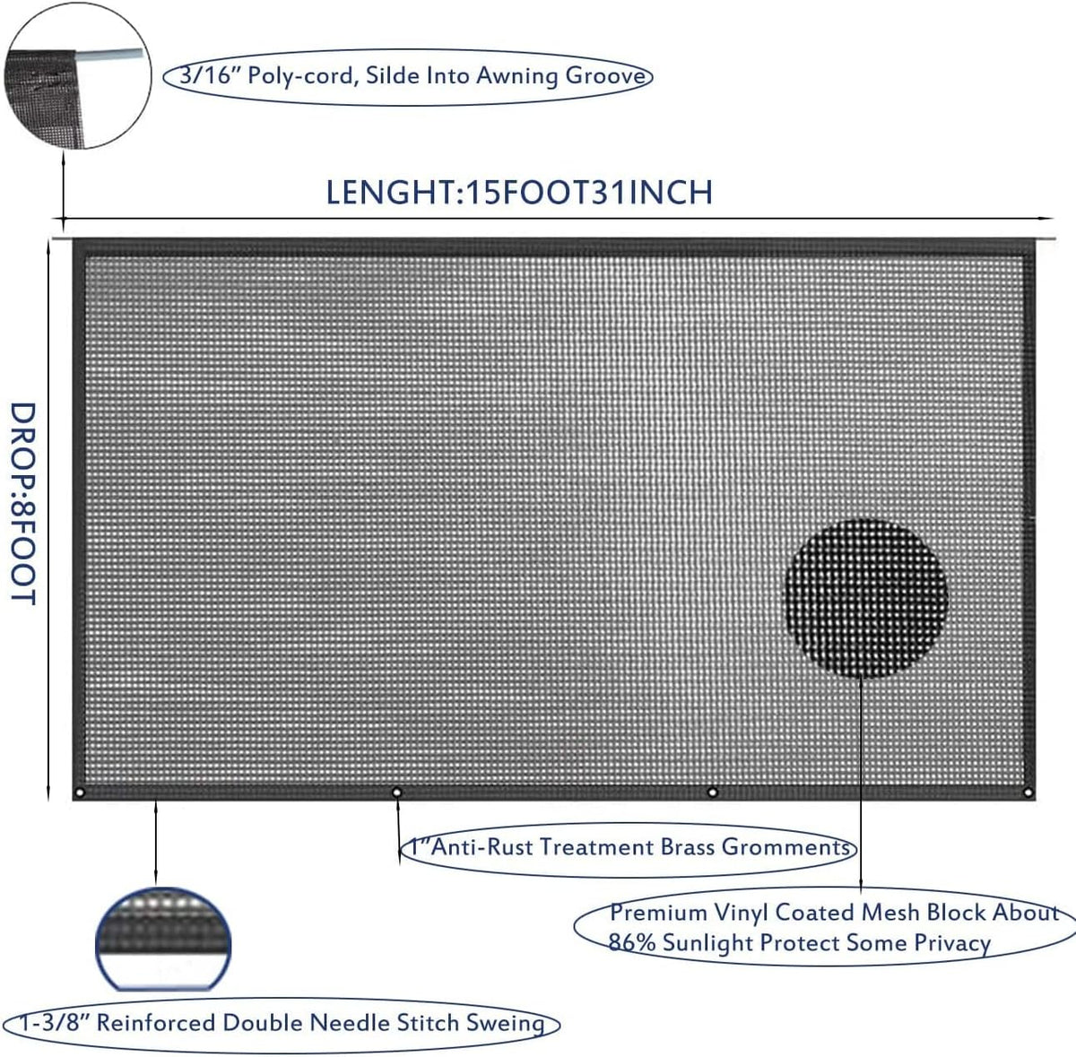 15'X8' Black Mesh RV Awning Shade Screen with Zipper C88484