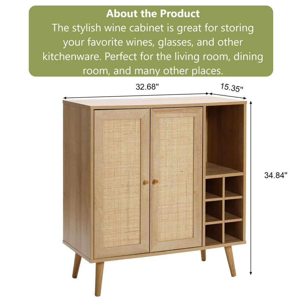 Light Oak Engineered Wood Rattan Wine and Storage Cabinet V83626