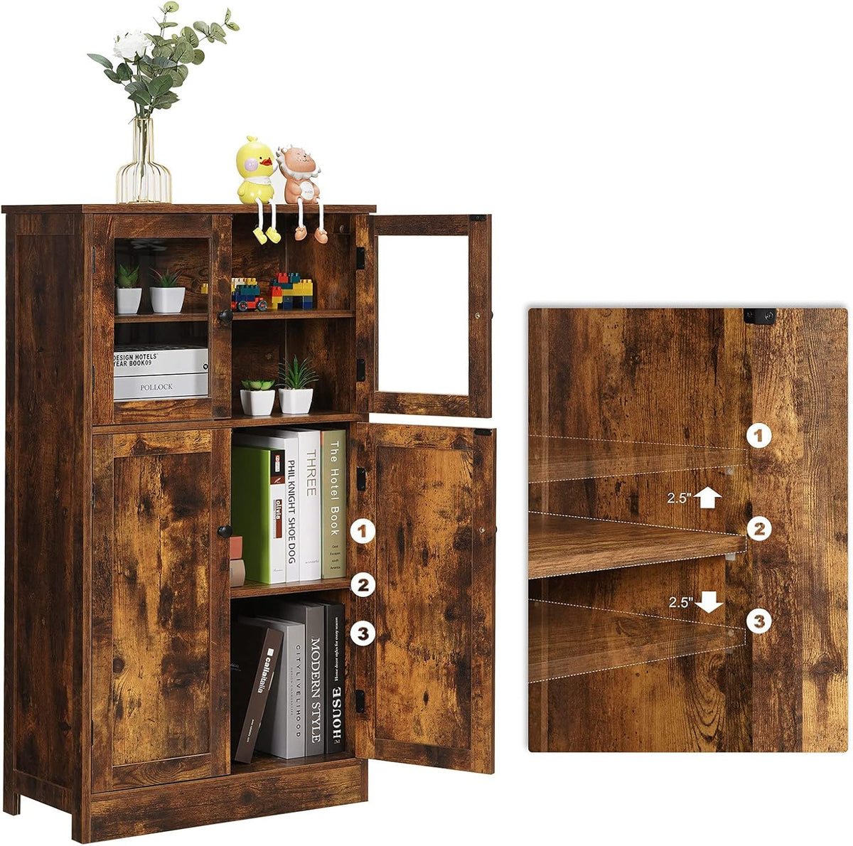 Rustic Brown Freestanding Storage Cabinet with Glass Door and Adjustable Shelf N214
