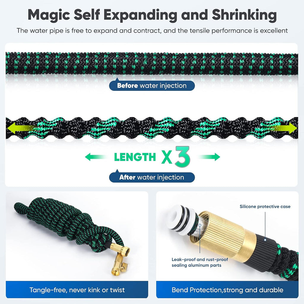 Expandable Garden Hose 100ft Heavy Duty Flexible Water Hose with 10 Function Sprayer Nozzle, 3/4 inch Solid Brass Fittings A4881