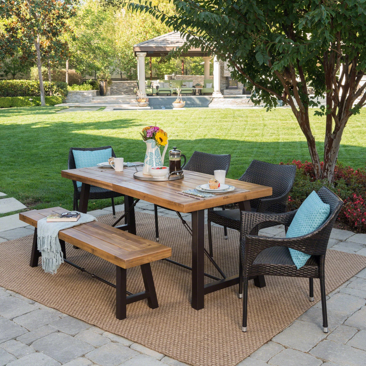 6 Piece Acacia Wood Dining Set with Wicker Stacking Chairs K13430