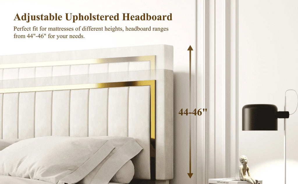 Upholstered Platform Bed Frame with Gold Trim Full Size Fabric Bed H589865