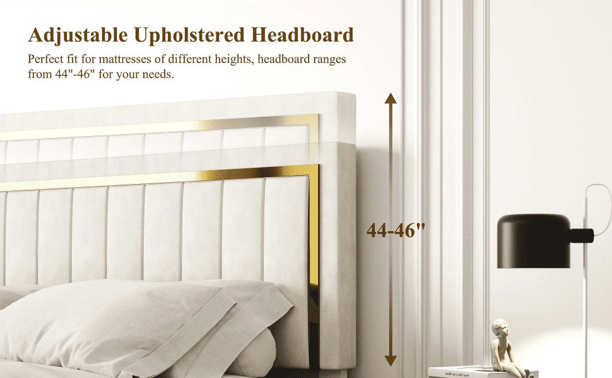 Upholstered Platform Bed Frame with Gold Trim Full Size Fabric Bed H589865
