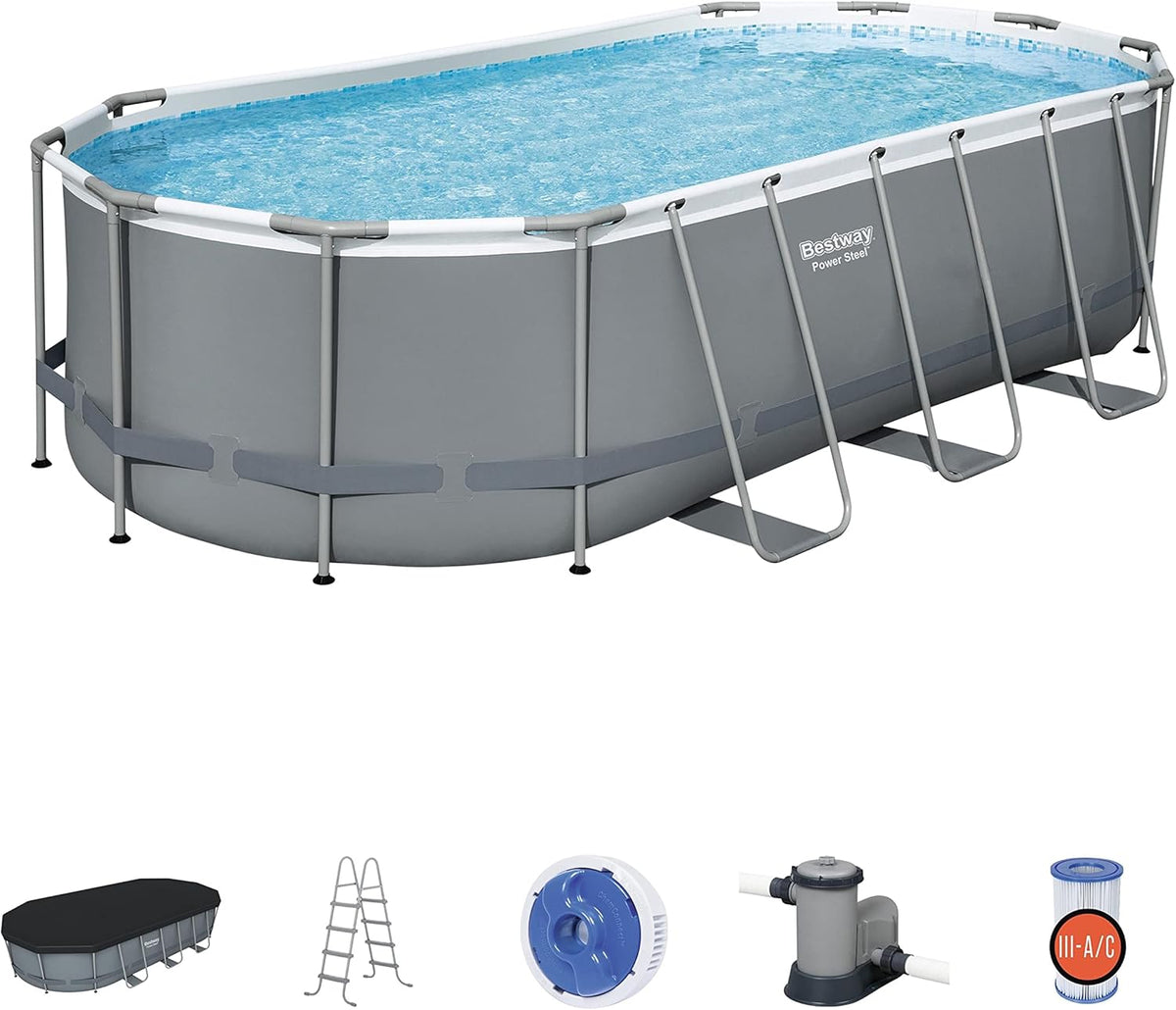 18' x 9' x 48 Outdoor Oval Frame Above Ground Swimming Pool Set with 1500 GPH Cartridge Filter Pump, Cover, & Ladder Y47465