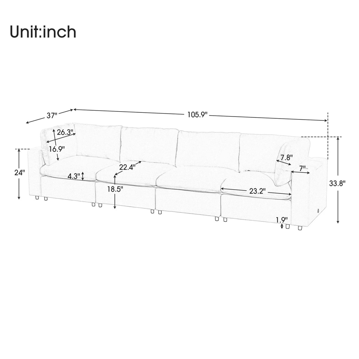 Beige 4 Seat Upholstered Modular Sofa with USB Charge Ports R906