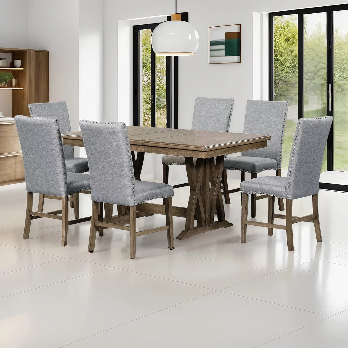 Solid Wood 7-Piece Extendable Dining Table Set with Upholstered Chairs E865408